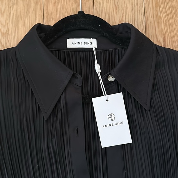 NWT Anine Bing Black Plissé Effect Button Up Shirt - Picture 7 of 9